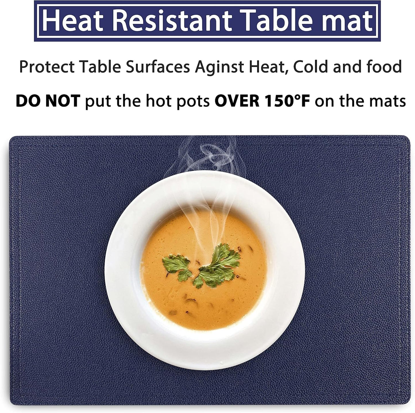 Faux Leather Placemats, PU Table Mats, Set of 4, Waterproof, Stain Resistant, Heat Resistant, Non-Slip Easy to Clean for Kitchen Dining Table,Conference Table C Blue Rectangle