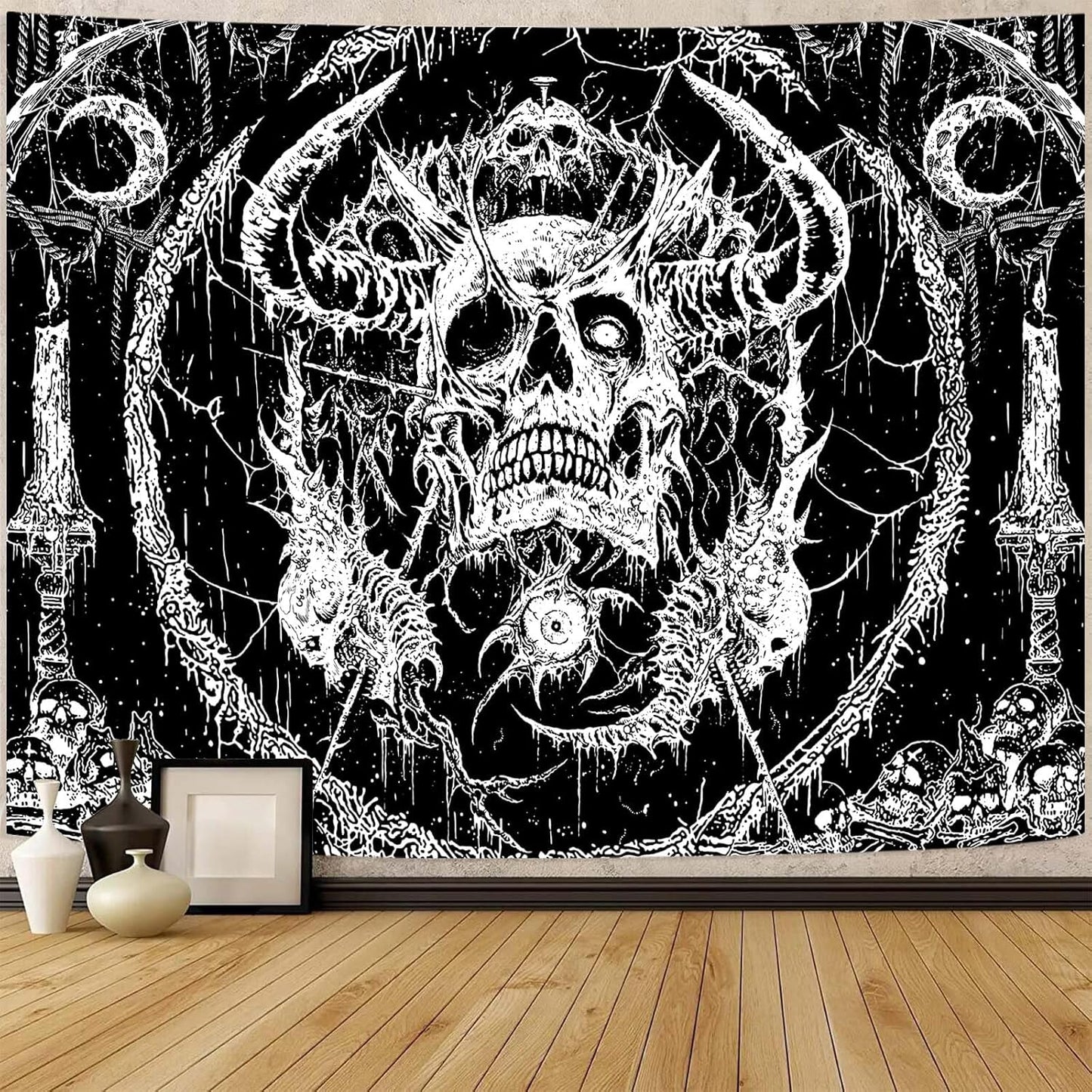 Lifeella Skull Tapestry, Gothic Horror Moon Skeleton Mystic Dark Tapestries for Bedroom Grunge Wall Hanging Black and White 60 x 80 inch