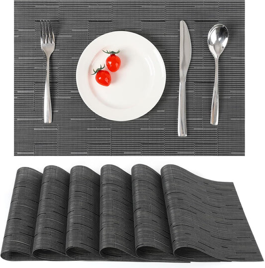 Myir JUN Placemats Set of 6, Vinyl Woven Placemats Place Mats Indoor Washable Table Mats Non-Slip Place mats for Dining Table (Black-Gray, Set of 6)