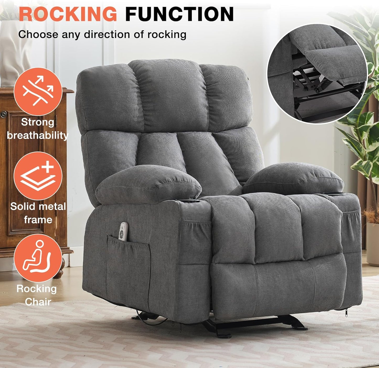 Massage Rocker Recliner Chair with Heat, Ergonomic Overstuffed Reclining Lounge Chair with Side Pockets, USB Charging Port, Sturdy Metal Frame, Comfortable Modern Design for Living Room