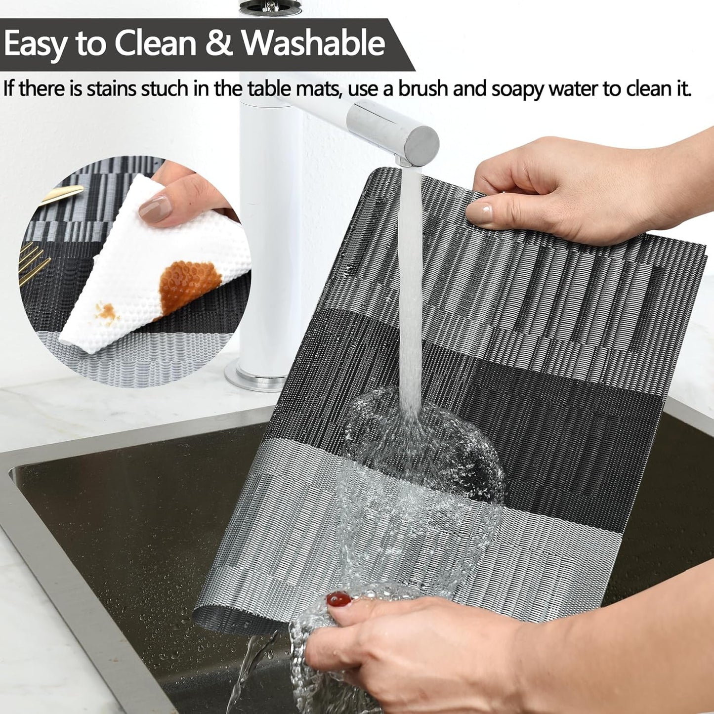 Placemats Set of 8 - Easy Clean Washable Vinyl Placemats - Heat Resistant Placemats for Kitchen Table - PVC Table Mats for Dining Table (Black and Gray, 8)