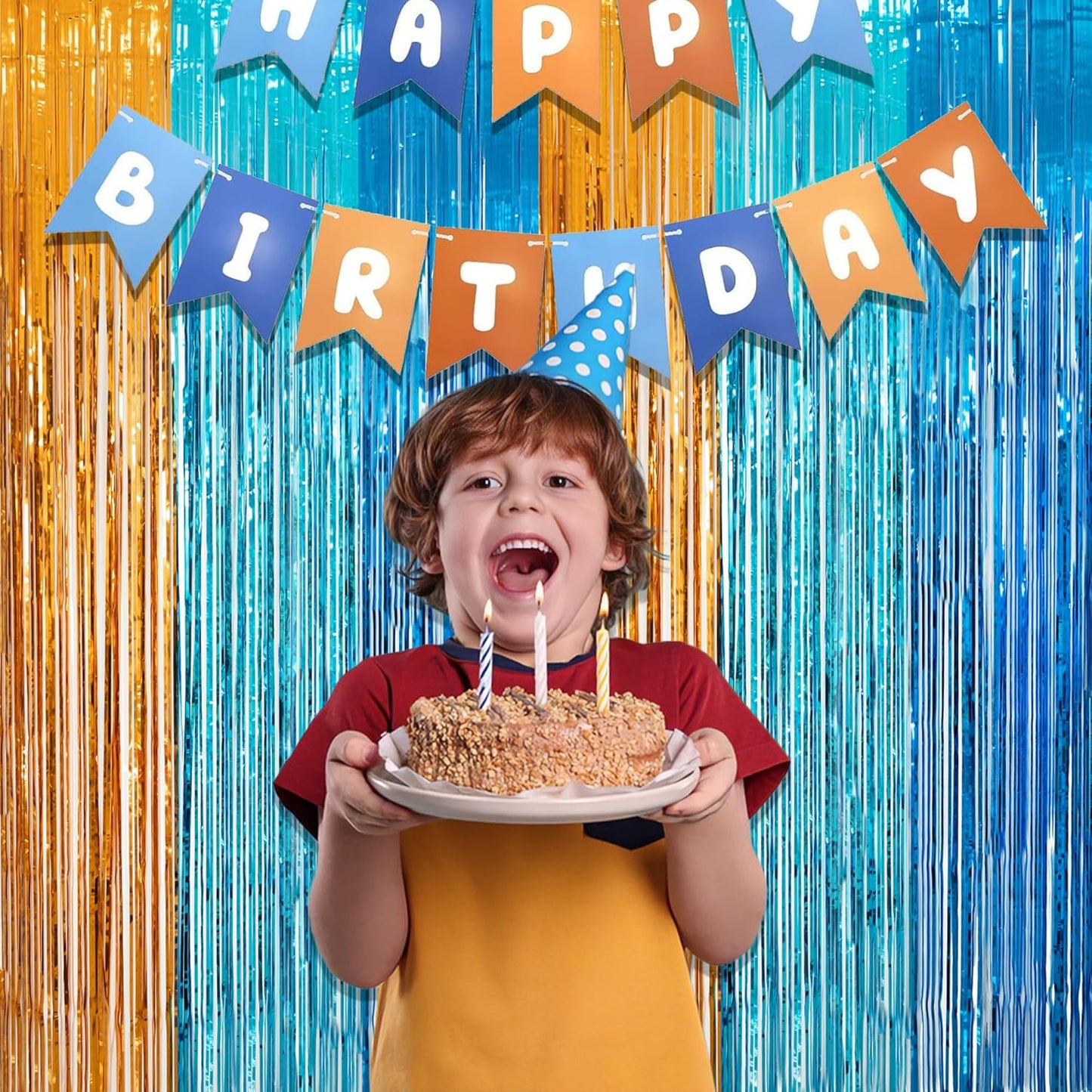 Orange Blue Party Streamers Backdrop - GREATRIL Tinsel Fringe Curtain for Blue Dogs Themed Birthdays Decoration 2 Packs