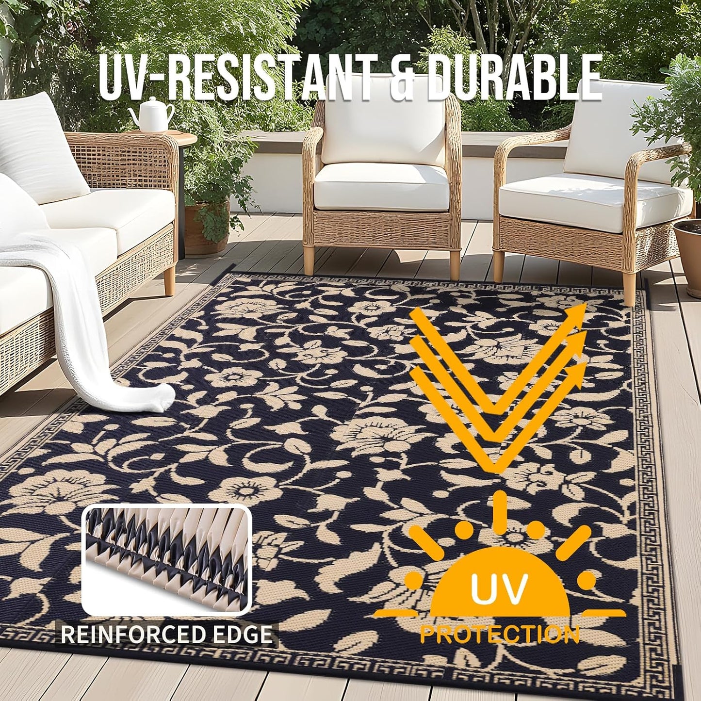 OLANLY Waterproof Outdoor Rug 9x12 ft, Outdoor Plastic Straw Rug with Flower Pattern, Reversible RV Mat for Patio, Camping, Balcony, Deck, Backyard, Black & Beige