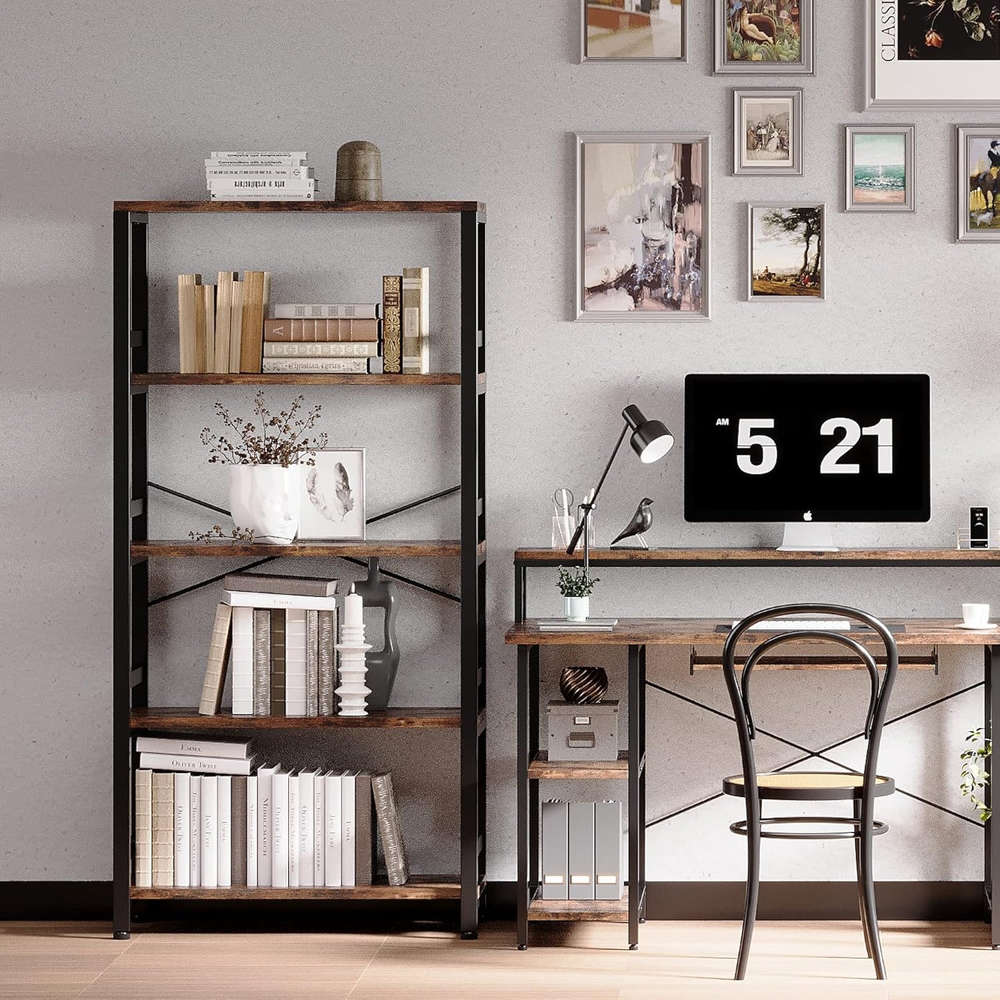 IRONCK Bookshelves and Bookcases, 31.5in Wide Shelf 5-Tier Ladder Shelf 110lbs/shelf Vintage Industrial Style Bookcase for Bedroom Living Room Home, Vintage Brown