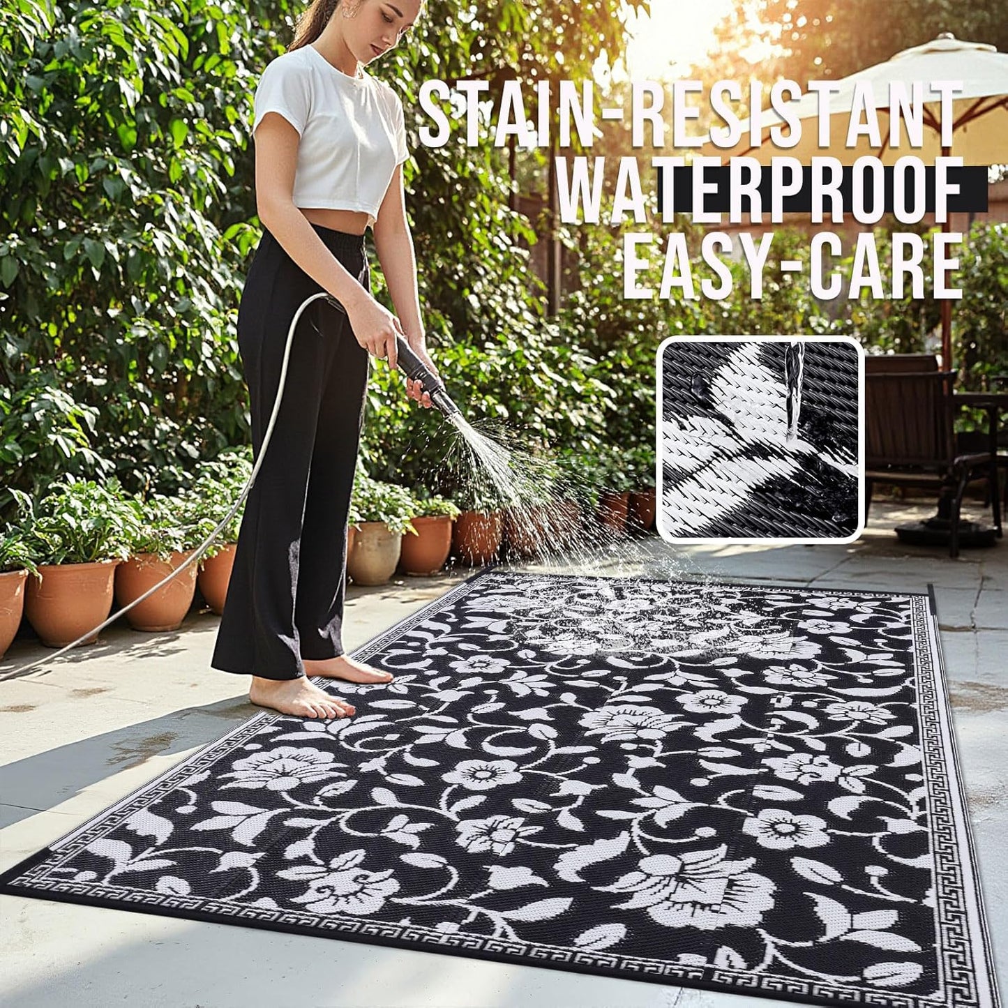 OLANLY Waterproof Outdoor Rug 9x12 ft, Outdoor Plastic Straw Rug with Flower Pattern, Reversible RV Mat for Patio, Camping, Balcony, Deck, Backyard, Black & White