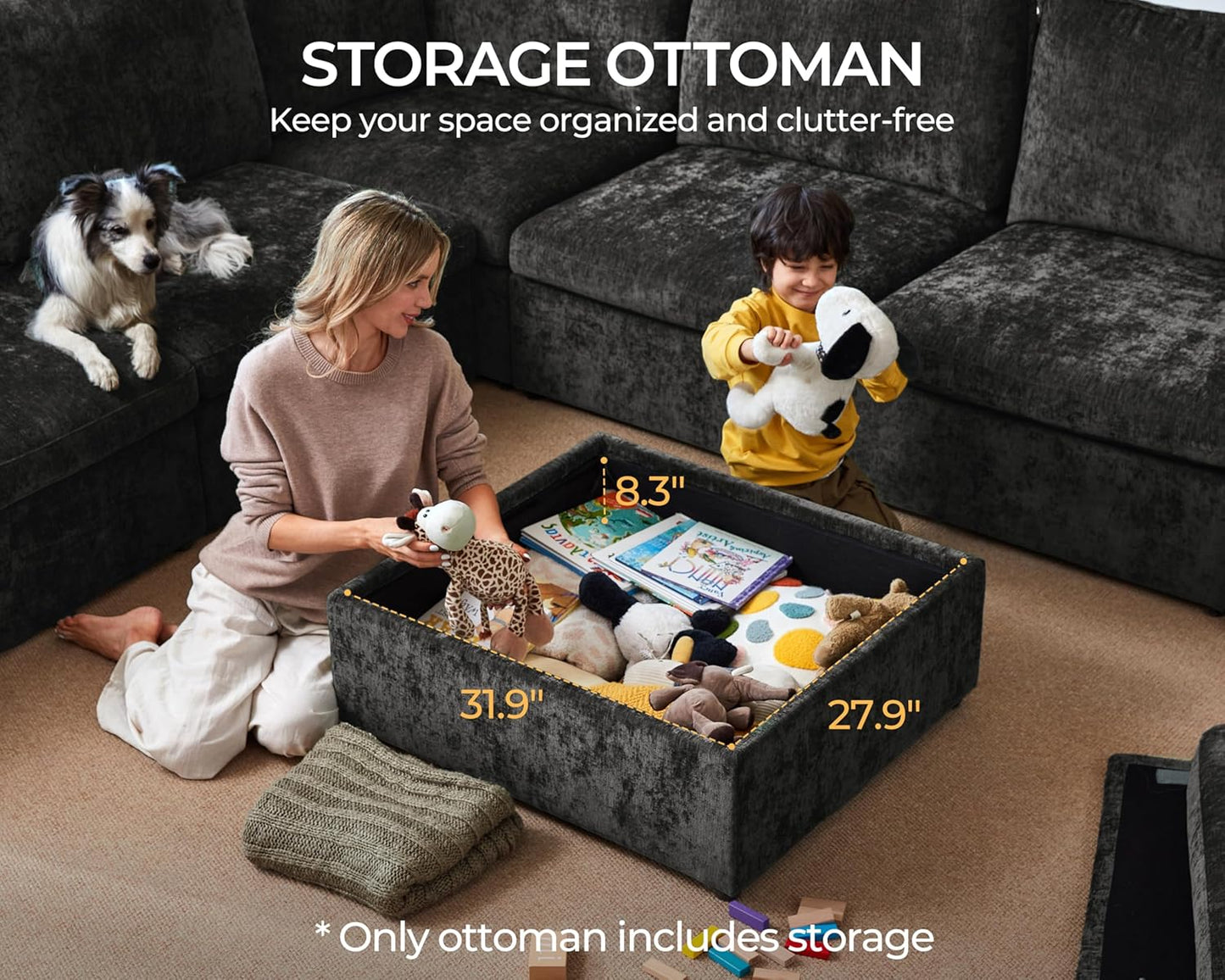 Oversized Modular Sofa Comfy Cloud Couch with Storage, Extra Deep Plush Sectional Sofa Set for Living Room, Covers Washable, Chenille, Olar (Black, 6-Seater with 2 Ottomans, u-Shaped)