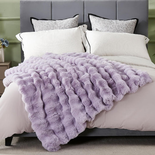 DREAMNINE Large Soft Thick Fuzzy Bubble Faux Rabbit Fur Blanket Queen Size 80" x 90", Double Side Comfy Plush Warm Shaggy Fluffy Blankets, Luxury Big Cozy Textured Furry Blanket for Bed, Lilac Purple