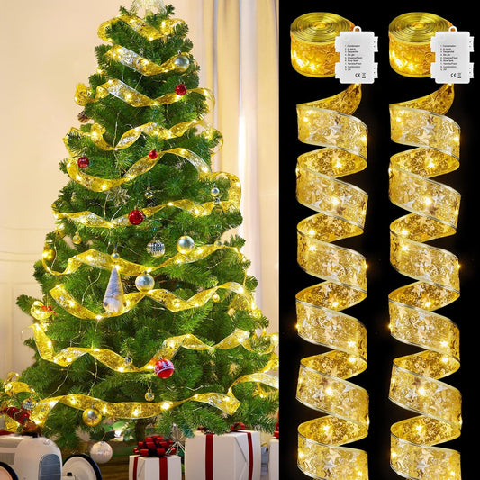 Minetom Christmas Tree Ribbon String Lights - 33ft 100 LED Battery Powered Fairy Lights with Timer