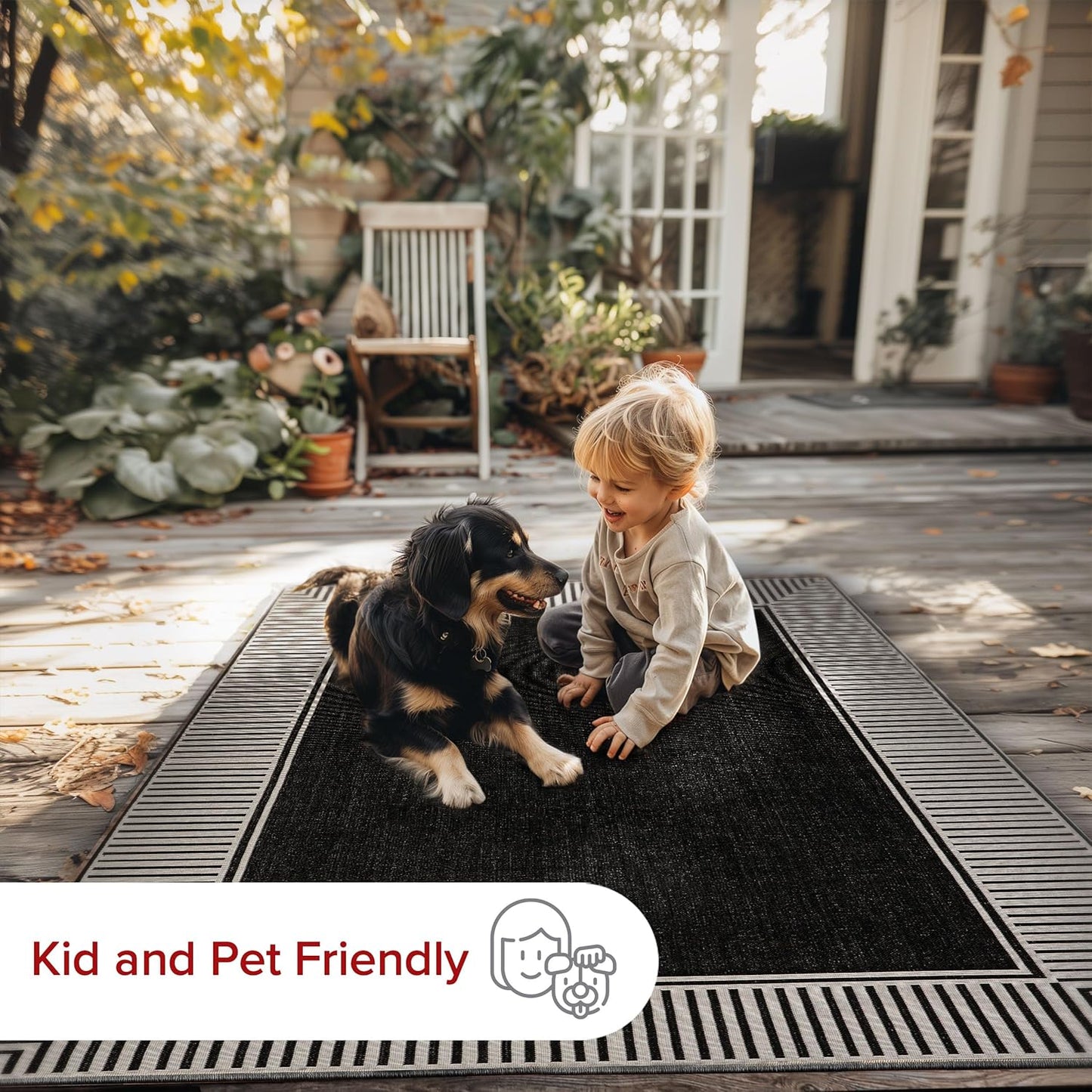 nuLOOM 4' x 6' Outdoor Area Rug, Casual Design With Striped Border, Stain Resistant, Highly Durable, For Patio, Balcony, Bedroom, Living Room, Dining Room, Bathroom, Black