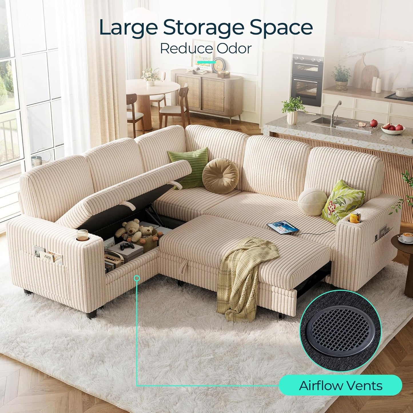 LINSY HOME Sectional Sleeper Sofa with Pull Out Couch Bed - Convertible Plush Corduroy Cloud Couch with Storage Chaise & USB Charging, Comfy L Shaped Modular Couches for Living Room Apartment, Beige