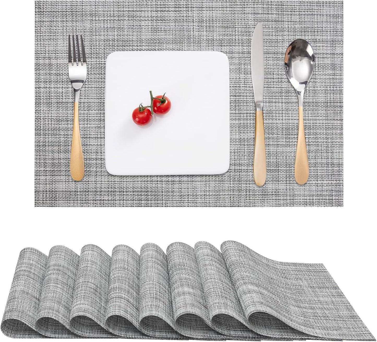 Myir JUN Placemats Set of 8, Vinyl Woven Placemats Place Mats Indoor Set of 8 Washable Table Mats Non-Slip Place mats for Dining Table (Light Gray, Set of 8)