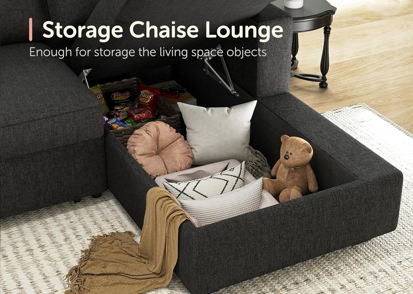 HONBAY Sectional Couch with Pull Out Bed, Sectional Sleeper Sofa with Storage, U Shape Couches for Living Room, Dark Grey