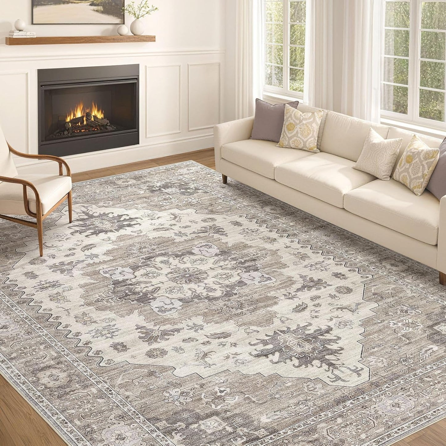 Washable Area Rugs for Living Room -10x13 Neutral Vintage Distressed Floral Farmhouse Boho Large Soft Floor Rug Indoor Non Slip Carpet for Living Room Bedroom Dining Room Office-Brown/Beige