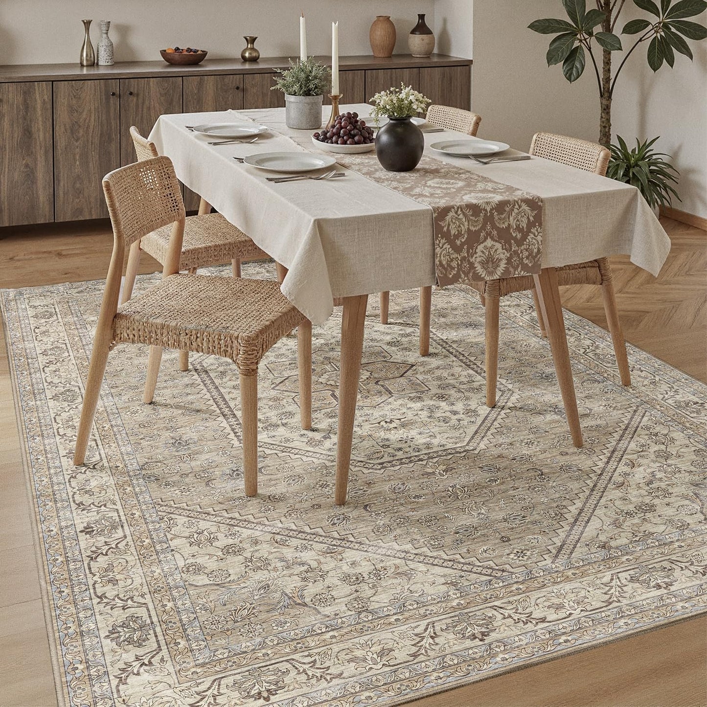 DCX Machine Washable Brown and Beige Area Rug 5x7, Non Slip Stain Resistant Vintage Floral Rug for Living Room Bedroom Nursery, Soft Low Pile Large Carpet