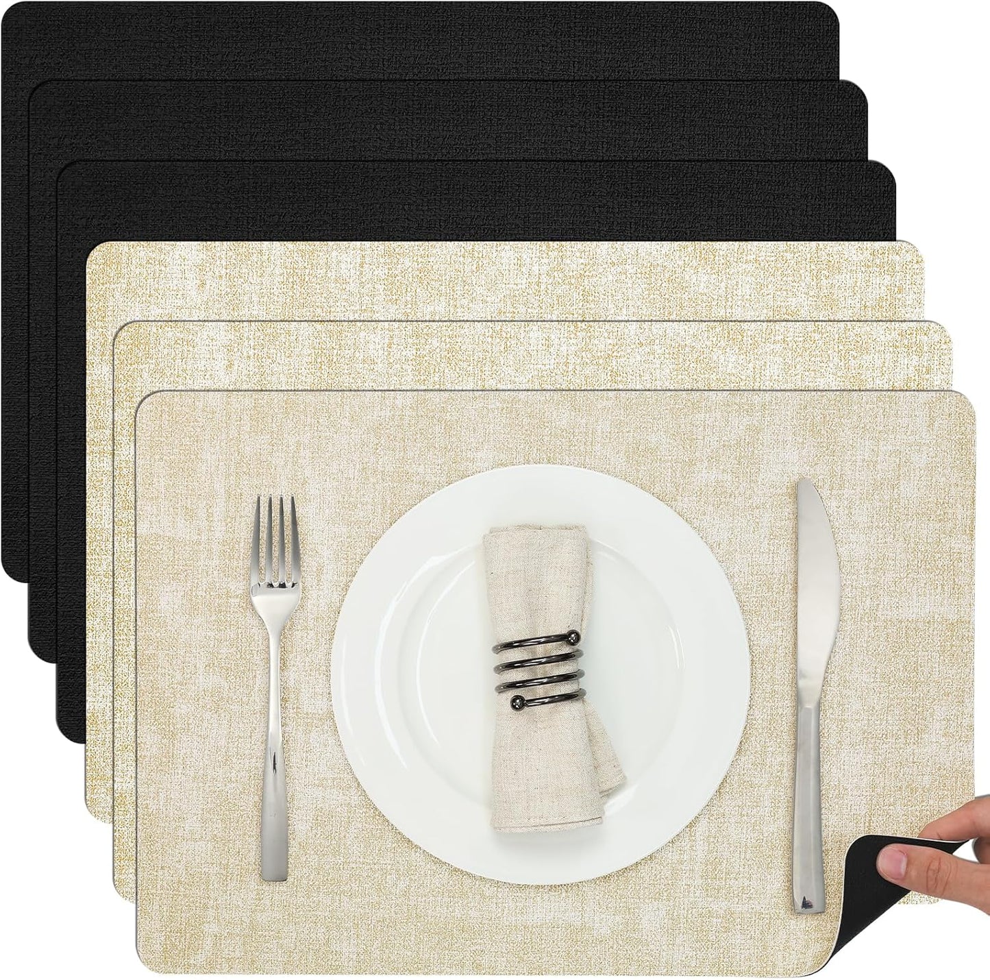 Myir JUN Dual Sided Faux Leather Placemats Set of 6 Indoor/Outdoor Square Non-Slip Washable Table Mats (Cream-White Black, Set of 6)