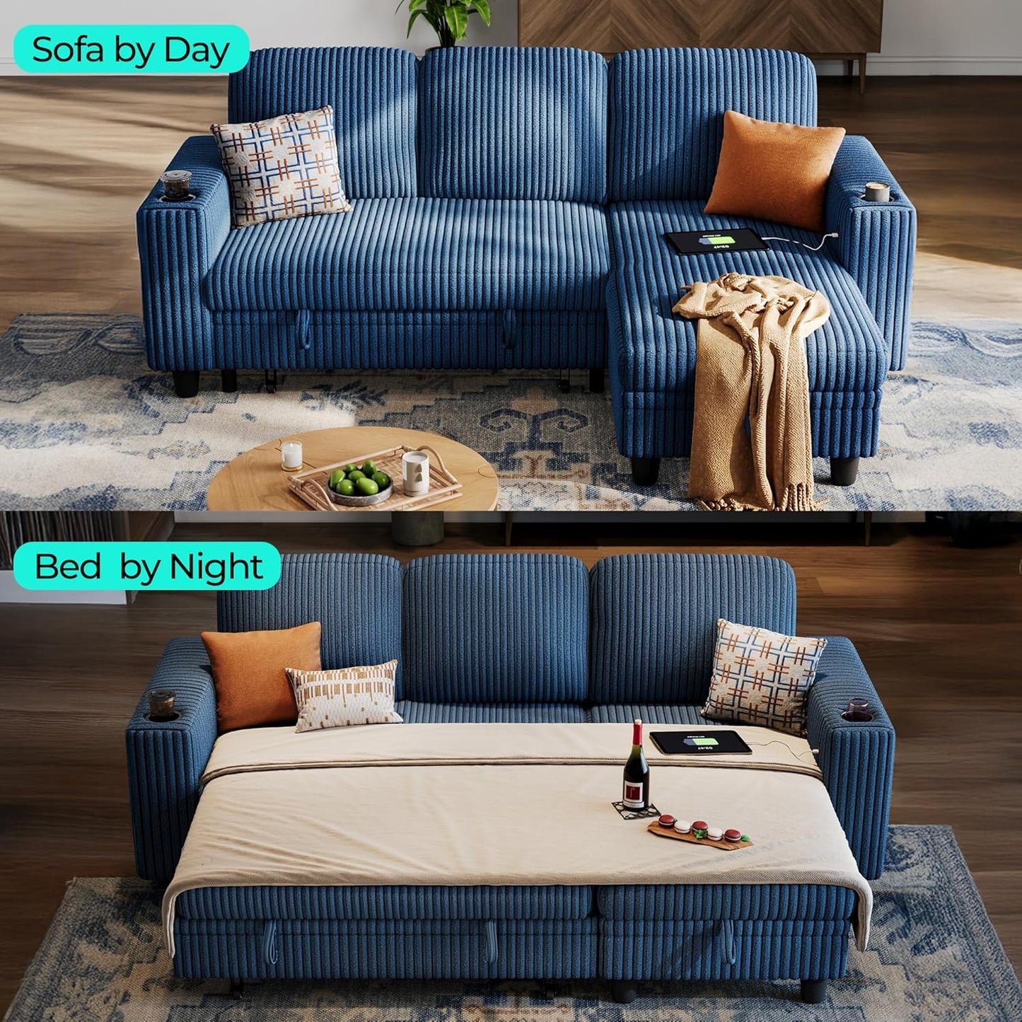 LINSY HOME Sectional Sleeper Sofa with Pull Out Couch Bed - Convertible Plush Corduroy Cloud Couch with Storage Chaise & USB Charging, Comfy L Shaped Modular Couches for Living Room Apartment, Blue