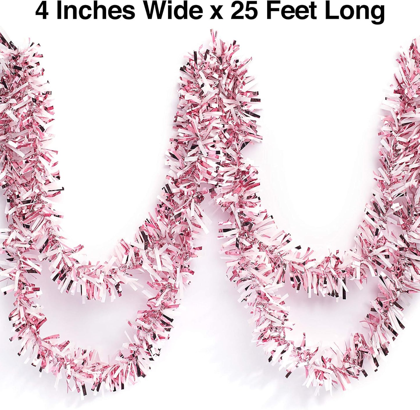 Anderson's Light Pink & White Sparkle Glitter Metallic Tinsel Twist for Trailer Or Golf Cart, 4 inches Wide x 25 ft Long, Christmas, Patriotic and Holiday Garland Decor for Parties and Parades