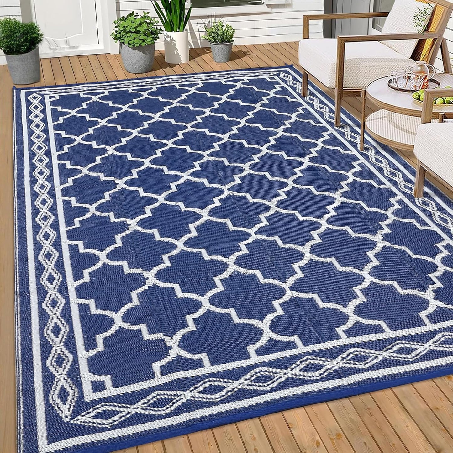 GAOMON Outdoor Rugs Patio Camping Waterproof Rug 6'x9' Plastic Straw Patio Rug Portable for Campers, Outside RVs Mat for Patios Clearance, Backyard Porch, Balcony, Navy/White(Geometric)