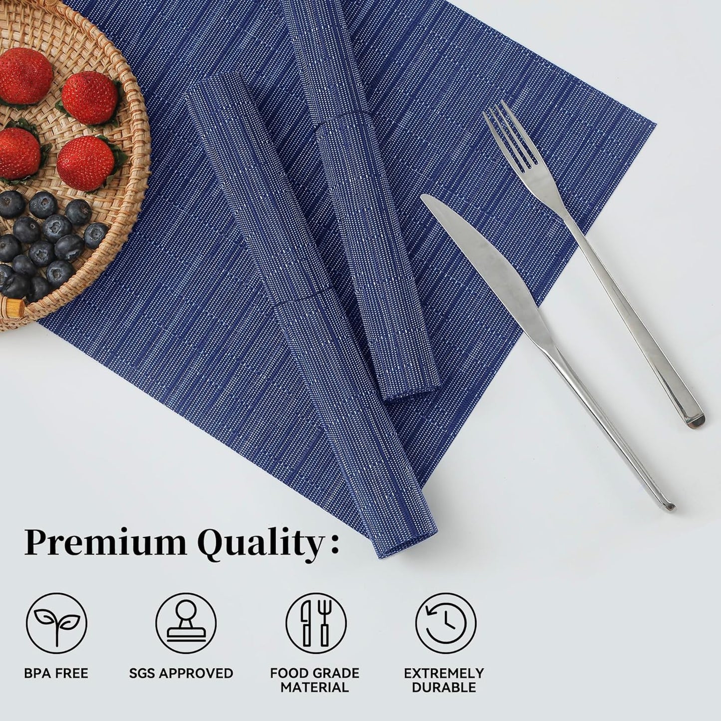 Leetaltree Blue Placemats Set of 8 - Heat Resistant Non-Slip Place mats for Dining Table, Washable Durable PVC Vinyl Woven Table Mats（Blue, 8）