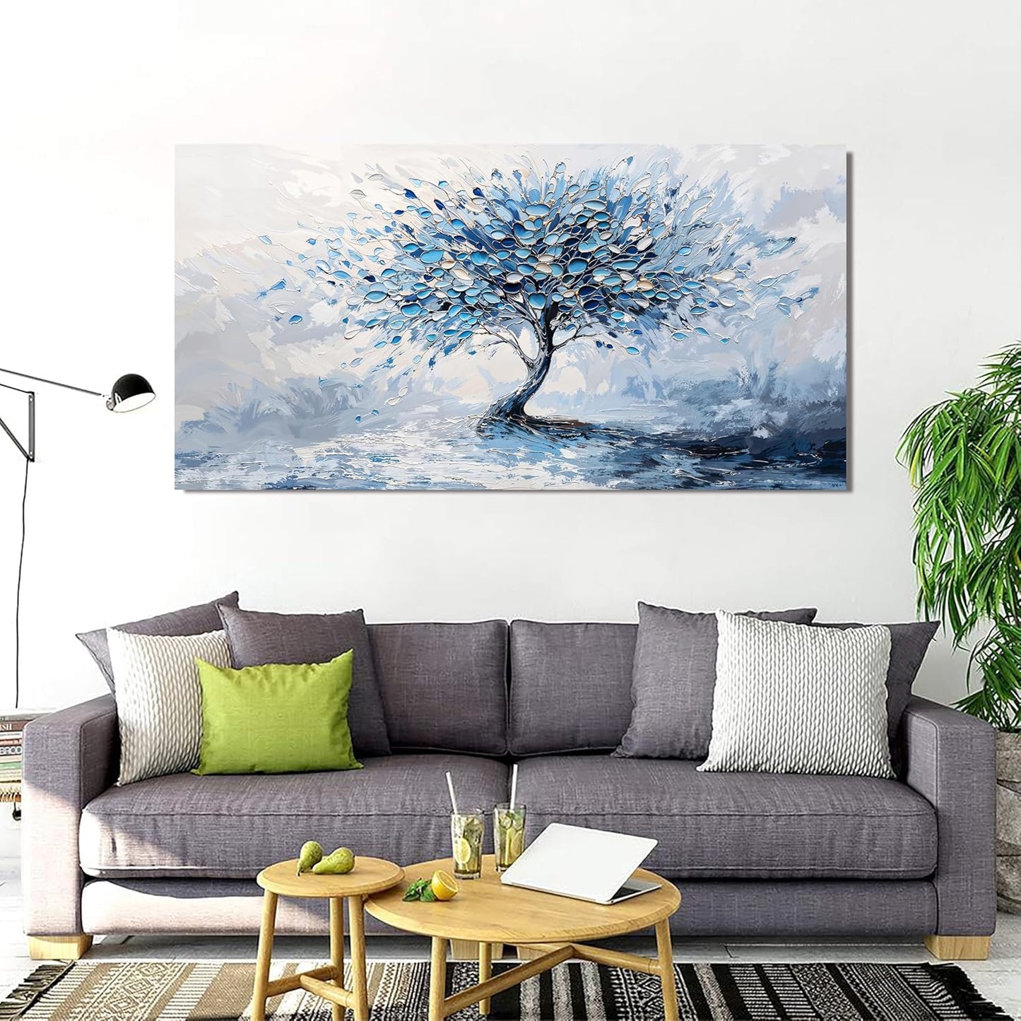Canvas Wall Art Decor Modern Blue White Wall Art Prints Wall Art Pictures for Living Room Oversized Artwork for Walls Abstract Art Large Tree of Life Wall Art Decorations Bedroom Office Decor 29"X58"