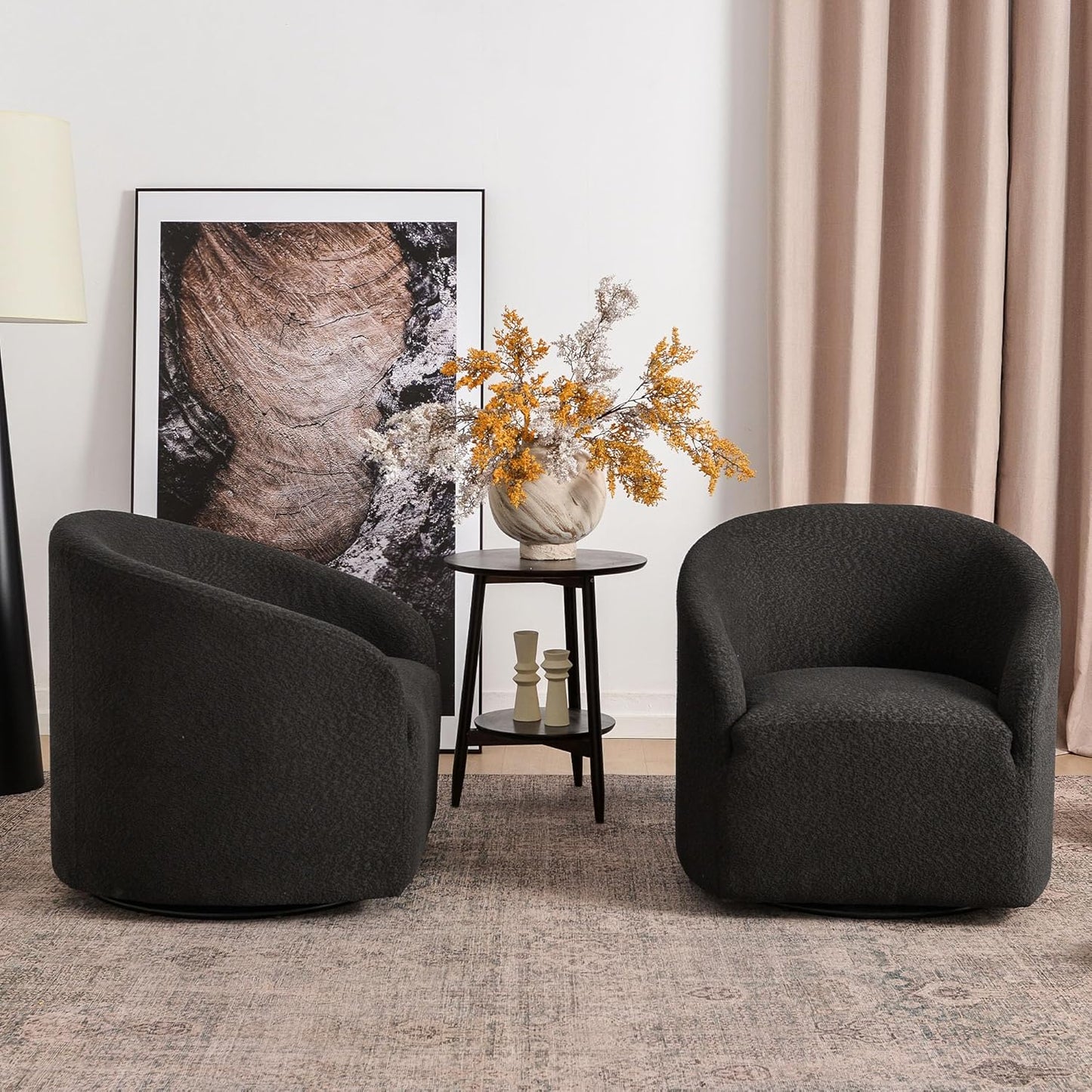 KINWELL 32" Wide Modern Boucle Swivel Barrel Chairs Set of 2, No Assembly Round Upholstered Swivel Accent Armchairs for Living Room, Bedroom (Black)