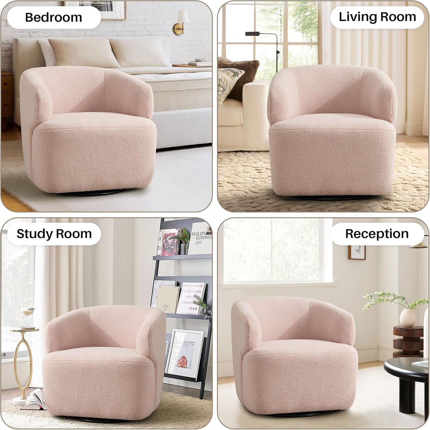 Swivel Accent Chair, Sherpa Teddy Barrel Chair for Living Room, Cozy Round Boucle Arm Chair, Metal Base for Club Nursery Bedroom, Light Blush Pink
