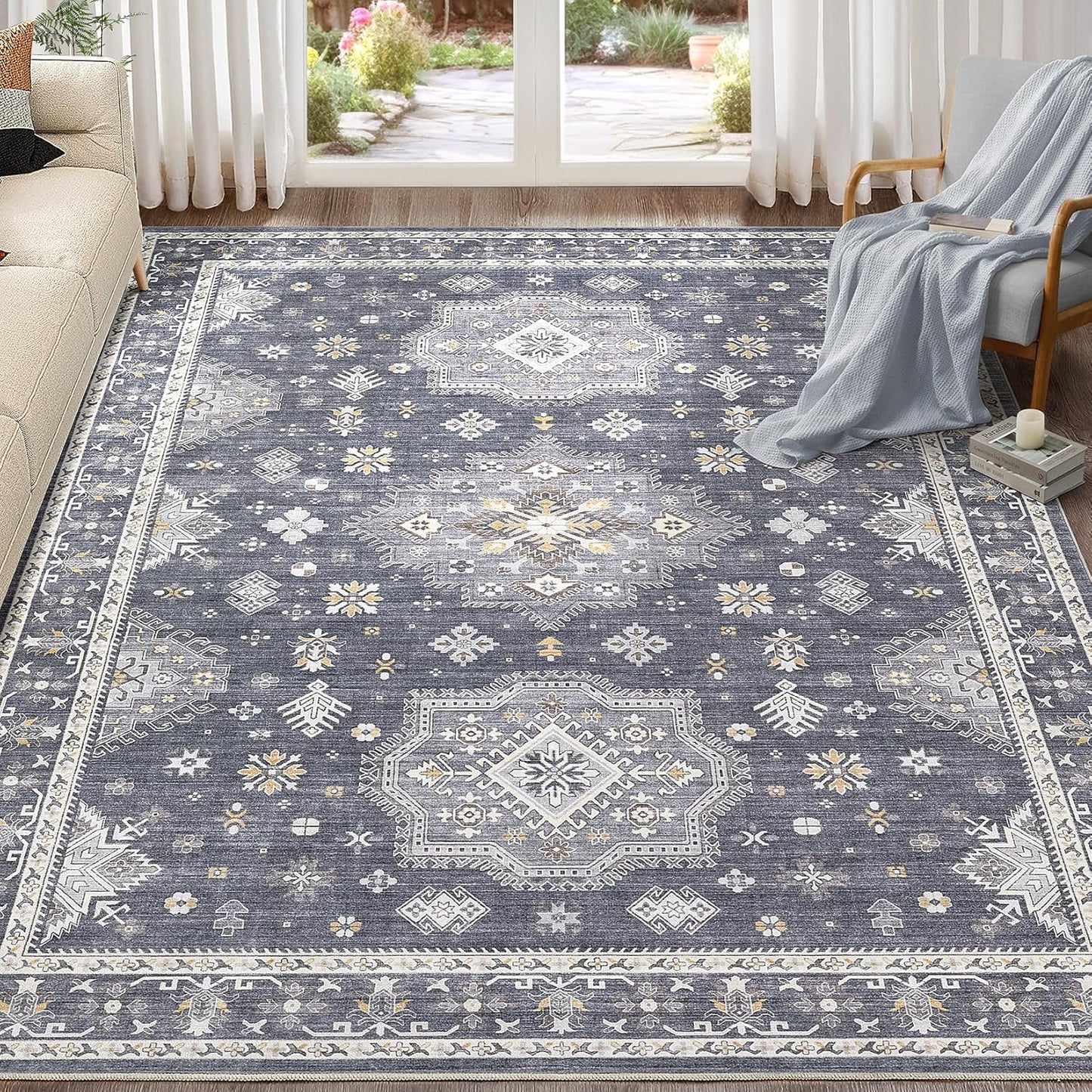Washable Area Rugs for Living Room -9x12 Neutral Vintage Distressed Floral Farmhouse Boho Large Soft Floor Rug Indoor Non Slip Carpet for Living Room Bedroom Dining Room Office - Denim Blue/Grey