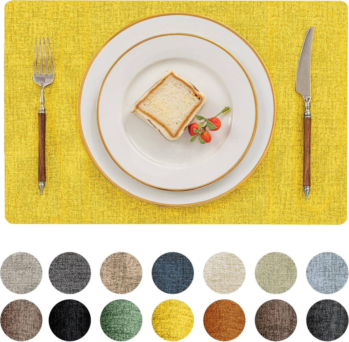 Romanstile Vinyl Placemats Set of 12-12 X 18 Inch - Heat Resistant Place Mats 100% Waterproof Oilproof Wipeable Reversible Faux Leather Table Mats for Kitchen/Dining/Party/Outdoor, Yellow