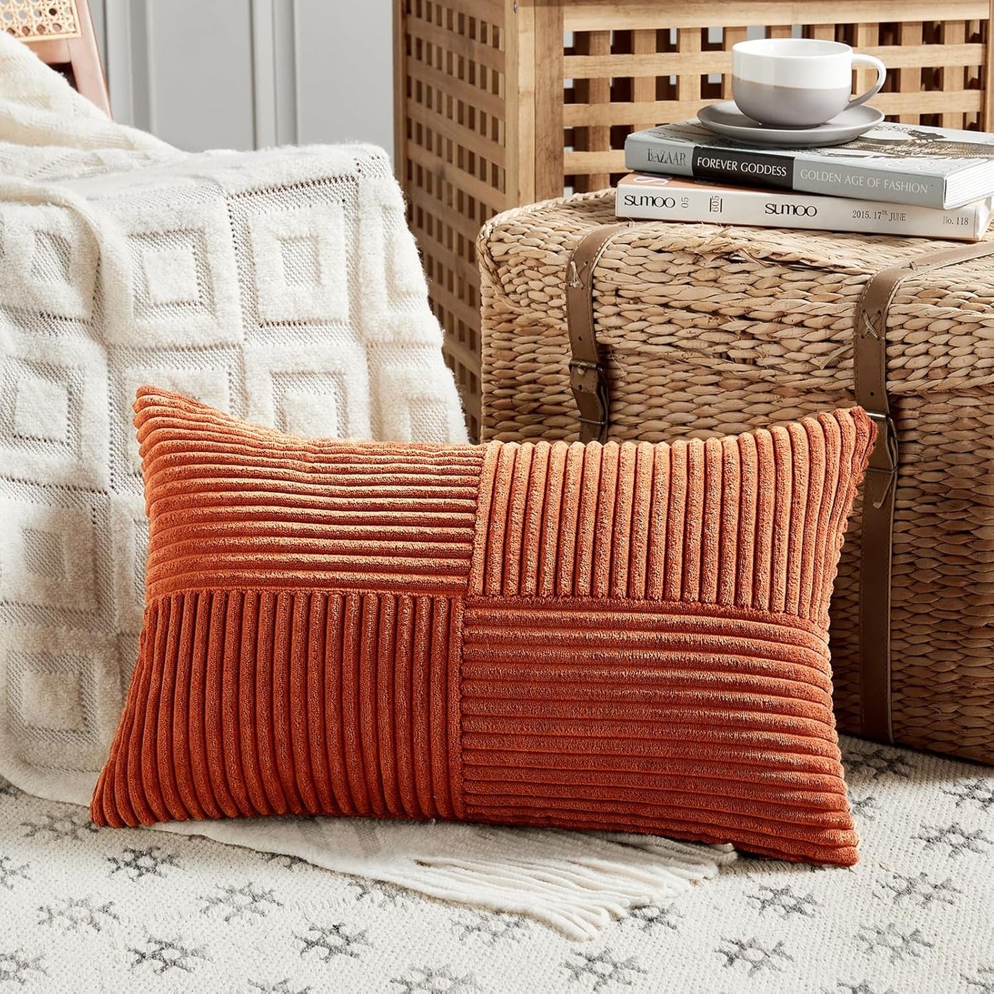 Fancy Homi Set of 2 Burnt Orange Long Lumbar Decorative Throw Pillow Covers 14x24 Inch for Living Room Couch Bed, Boho Farmhouse Fall Home Decor, Soft Corduroy Corss Textured Cushion Case 35x60 cm