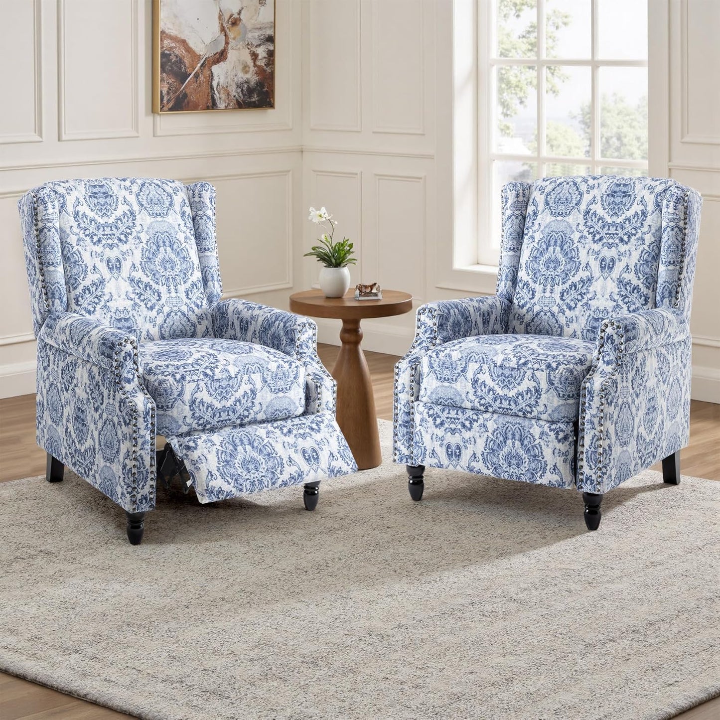 UIXE Floral Pushback Recliner Chairs Set of 2, Fabric Upholstered Armchair Push Back Accent Chair for Living Room, Rivet Trim Club Chair Home Theater Single Sofa Reading Seat - Navy Blue