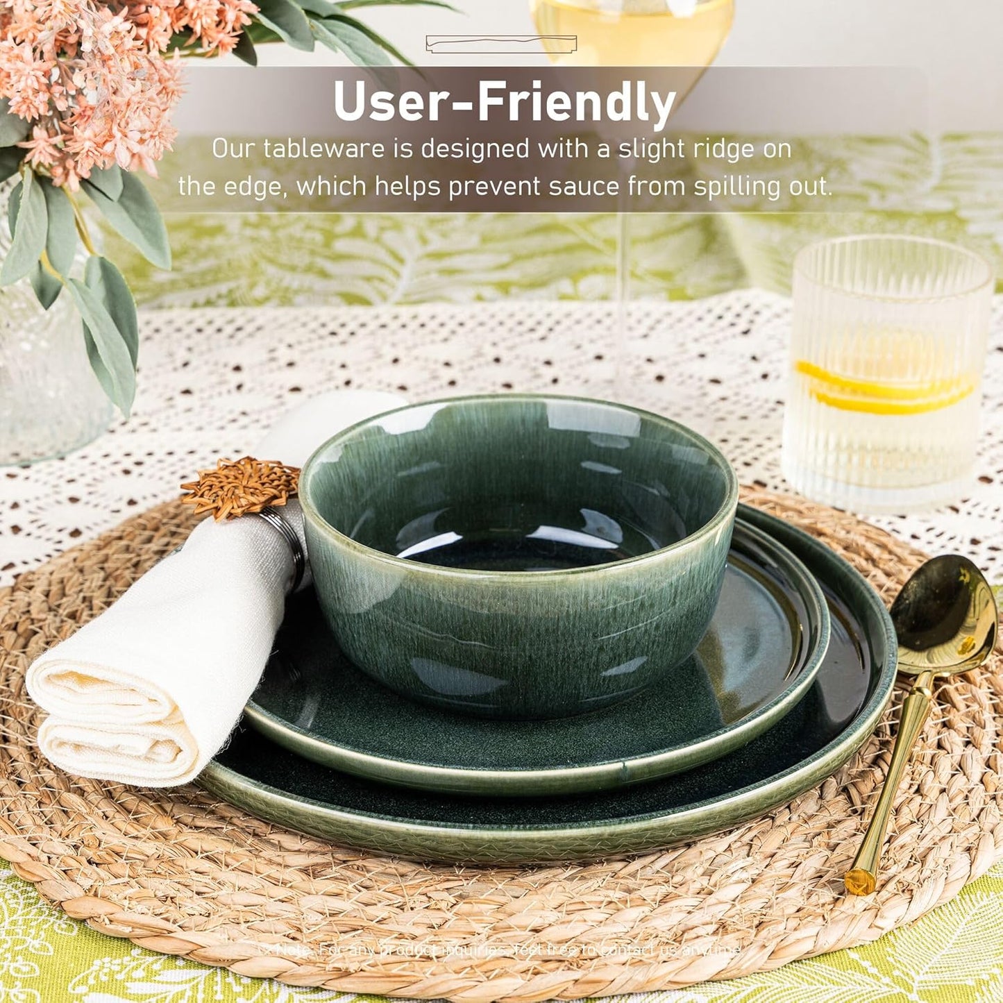 GBHOME Ceramic Dinnerware Sets for 8, 24 Pieces Stoneware Plates and Bowls Sets, Reactive Glaze Dishes -Scratch Resistant, Dishwasher&Microwave Safe, Earth Green