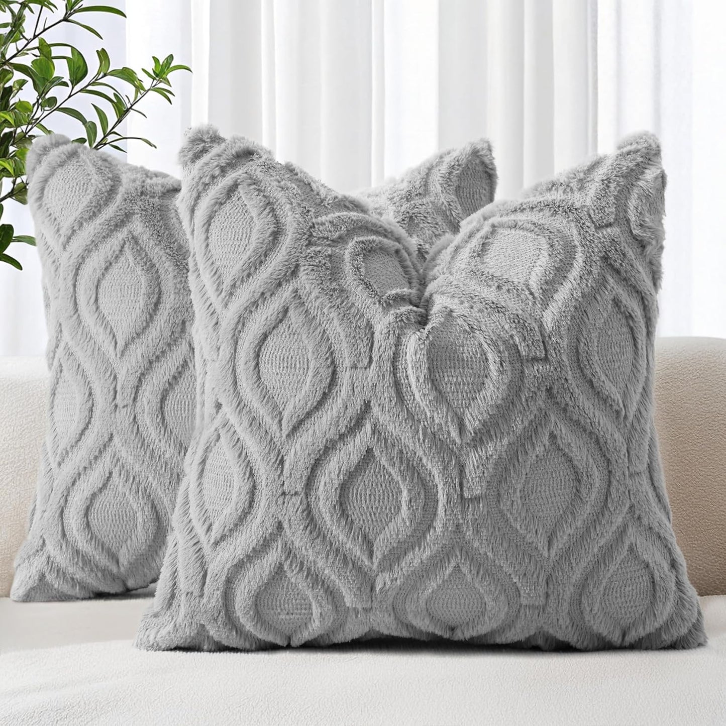 decorUhome Fall Throw Pillow Covers 16x16 Inch Set of 2, Soft Plush Decorative Faux Fur Grey Solid Couch Pillow Covers, Accent Farmhouse Neutral Square Euro Pillow Cases for Sofa Bed Living Room