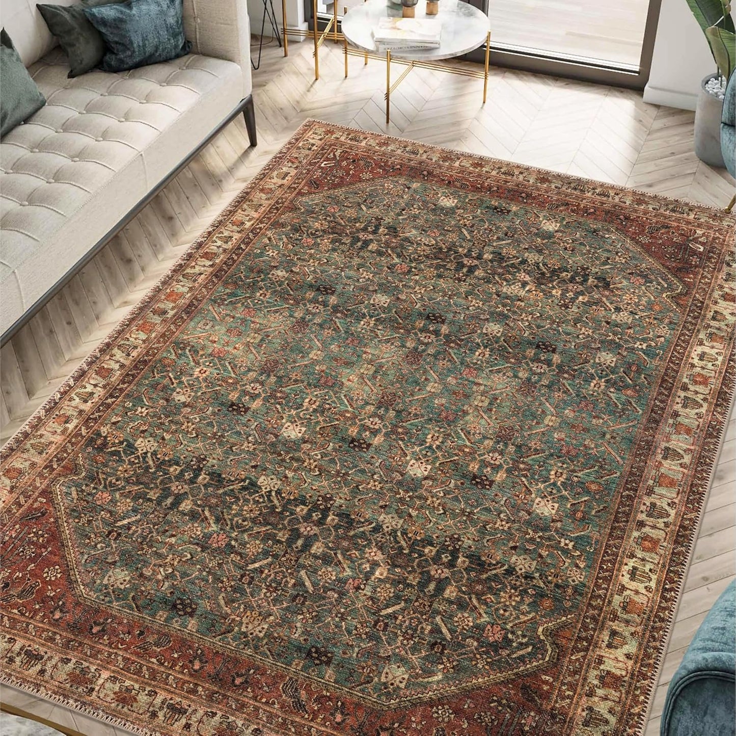 Keen Home Design 8x10 Rug - Machine Washable Area Rug with Non-Slip Backing, Ideal for Living Room, Dining Room, Bedroom - Vintage, Easy Clean, Durable, Low Pile Rug - (8' x 10')