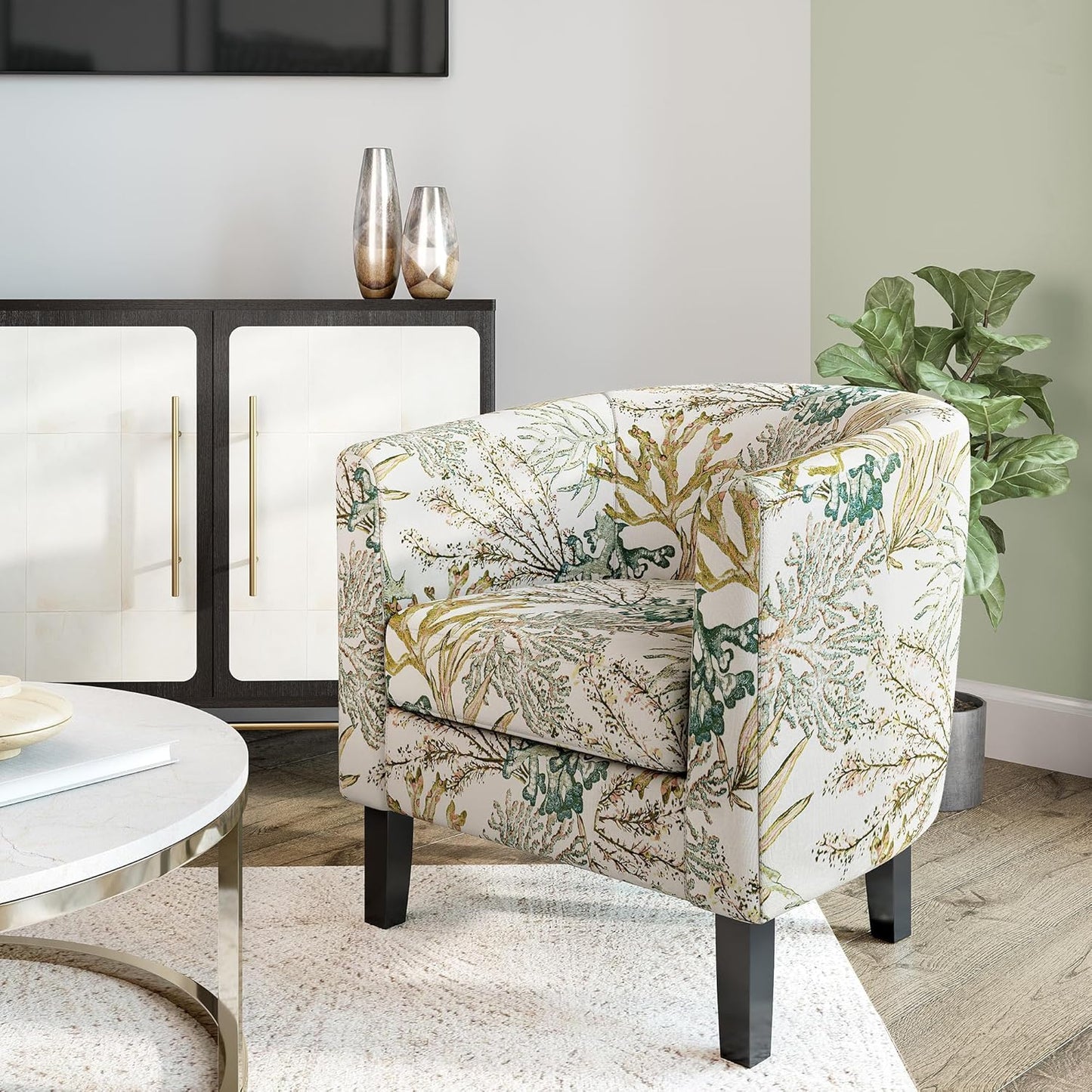 BELLEZE Living Room Chair, Linen Round Accent Barrel Chair, Club Tub Sofa Chair for Bedroom, Corner Chair with Flared Legs and Cozy Soft Padding - Highland (Green Coral)