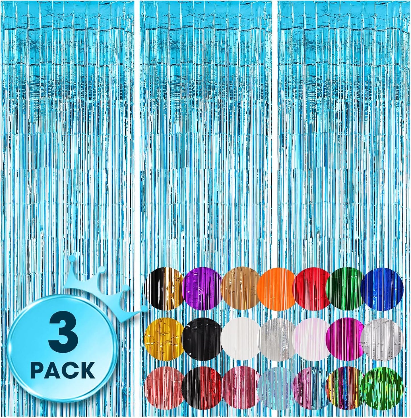 3 Pack 3.3x8.2 Feet Light Blue Foil Fringe Backdrop Curtains, Tinsel Streamers Birthday Party Decorations, Fringe Backdrop for Graduation, Baby Shower, Gender Reveal, Disco Party