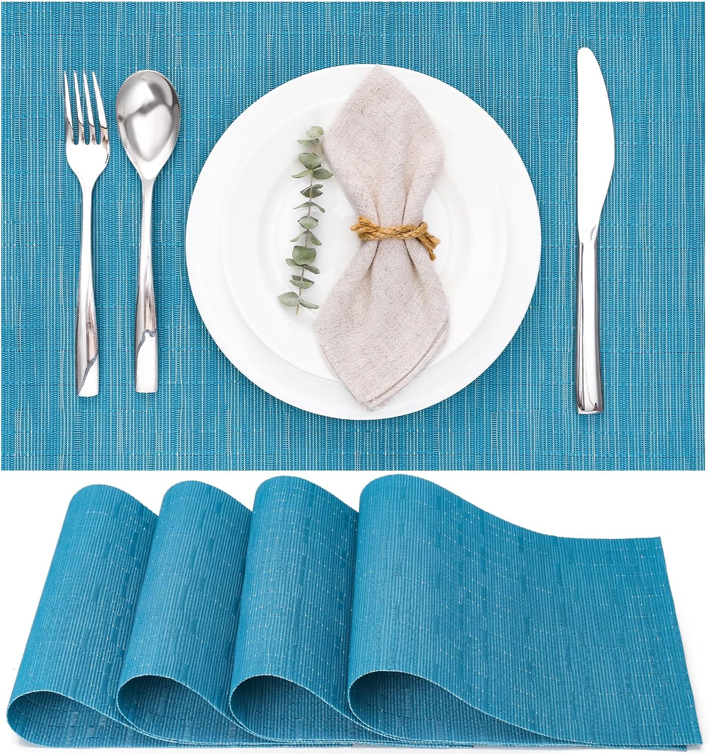 Myir JUN Placemats Set of 4, Vinyl Woven Placemats Place Mats Indoor Set of 4 Washable Table Mats Non-Slip Place mats for Dining Table (Blue, Set of 4)