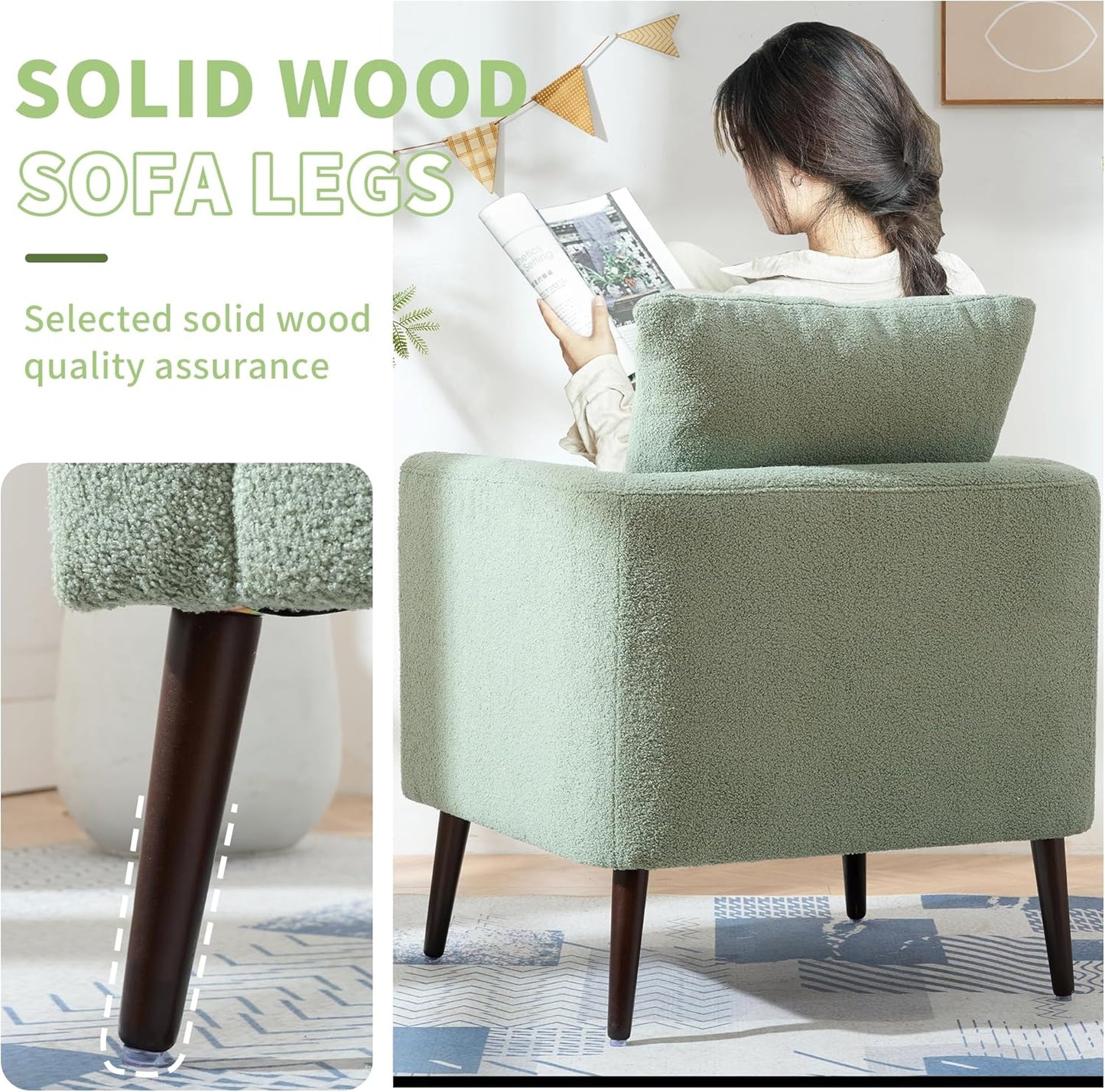 Barrel Accent Chair Set of 2 with Back Pillow, Large Teddy Upholstered Armchair with Solid Wood Legs Modern Reading Chairs for Living Room Bedroom