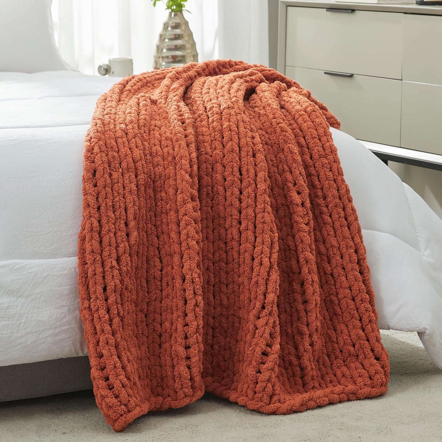 Amélie Home Chunky Knit Throw Blanket for Couch, Soft Chenille Crochet Blanket for Sofa, 50"x60", Burnt Orange