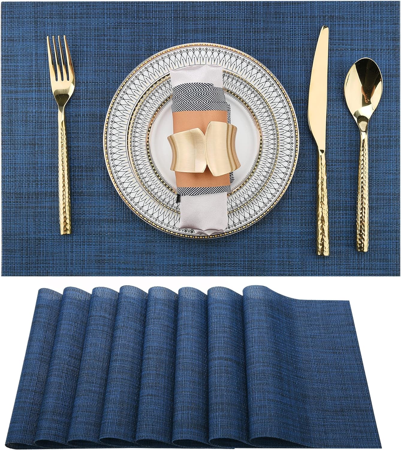 Navy Blue Placemats Set of 8 - Easy Clean Washable Vinyl Placemats - Wipeable Heat Resistant Table Mats for Dining Table - 17x12 Inch (Navy Blue, 8)