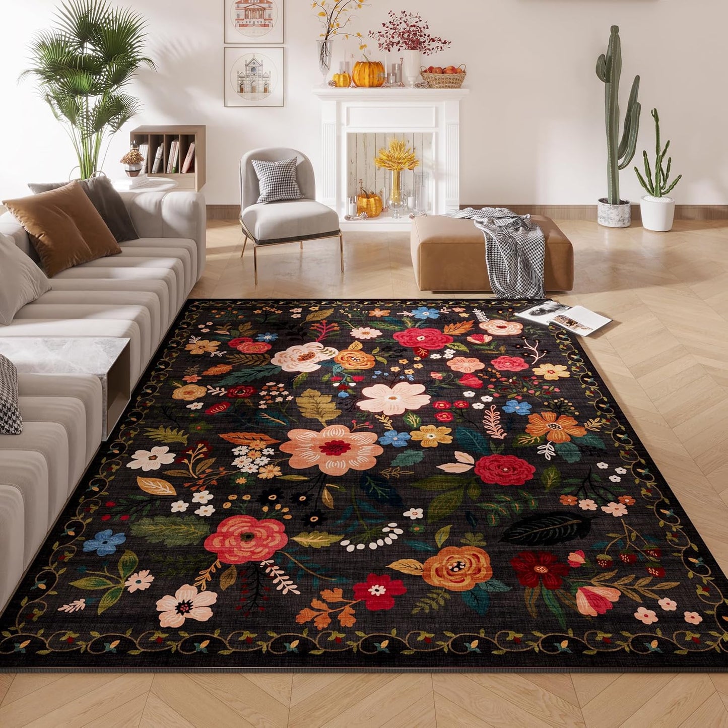 Living Room Rug 6x9 Rug Machine Washable Boho Area Rug Non Slip Floral Vintage Low Pile Large Rug for Living Room, Bedroom, Farmhouse, Dining Room, Kids Playroom(Black)