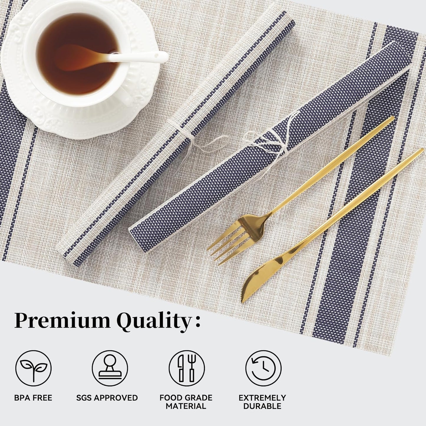 Leetaltree Khaki-Blue Placemats, Heat Resistant Non-Slip Place mats for Dining Table, Washable Durable PVC Vinyl Woven Table Mats (Set of 6)