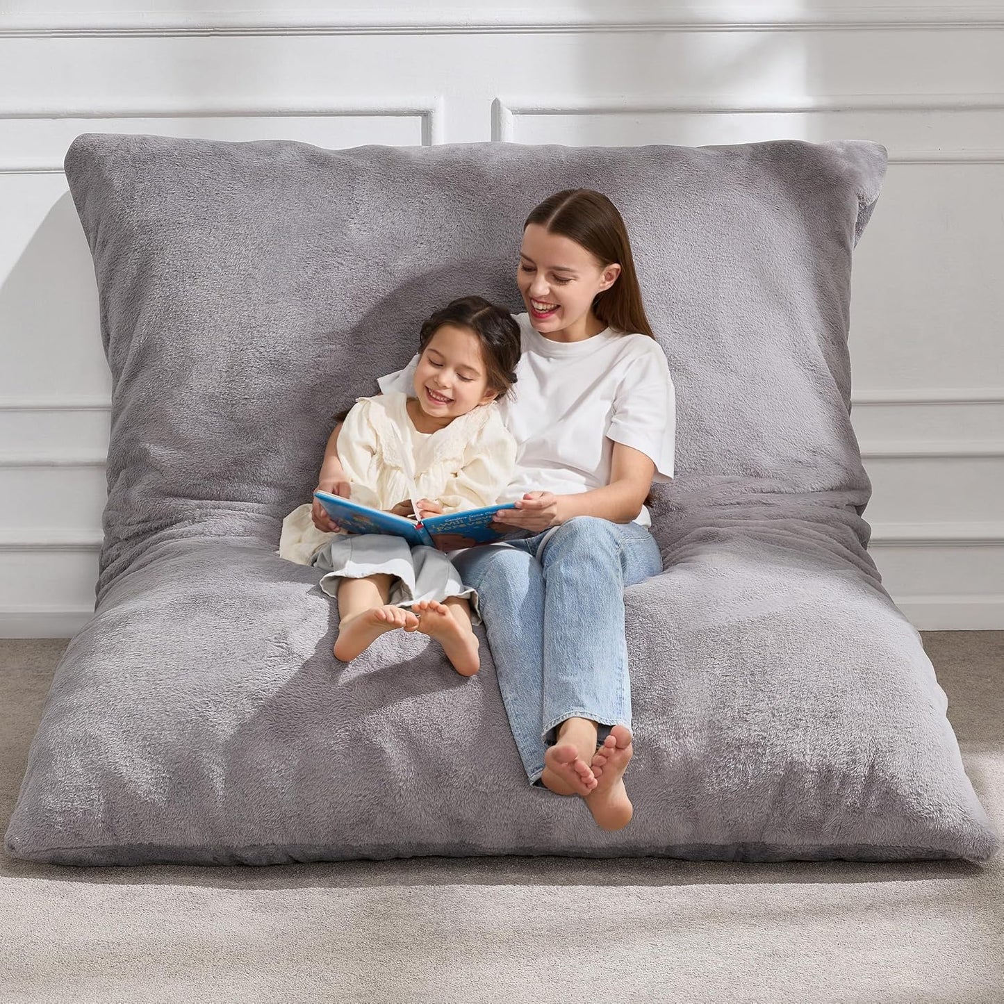 Hobestluk 3 in 1 Bean Bag Chair Giant Bean Bag Chairs for Adults with Chevron Plush Fur Cover Convertible Bean Bag Floor Cushion with Machine Washable Cover for Living Room (Plush Grey)