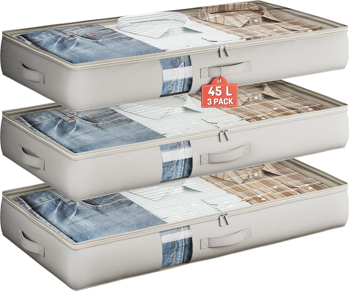 Under Bed Storage Containers with Window, Closet Organizers and Storage Bags, Foldable Underbed Storage Bags for Blankets, Clothing, Comforter, Linen Sheets, Wrapping Paper, 3 Pack, Grey