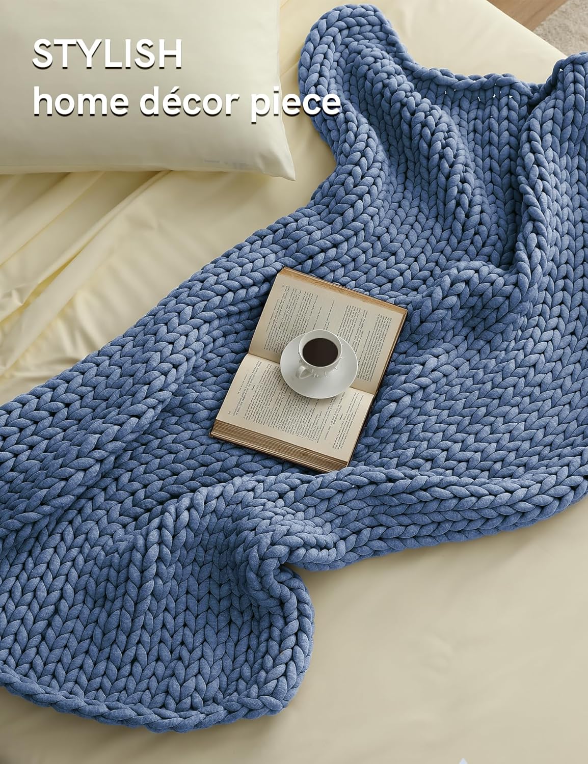 YnM Chunky Throw Blanket, Medium-Weight, Hand Knitted, Skin Friendly, Ventilated and Breathable, Machine Washable, Home Décor Piece for Couch, Sofa and Bed (Cerulean Blue, 40x50 Inch)