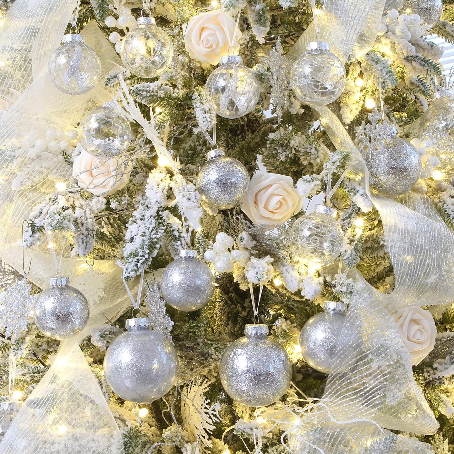 Sea Team 70mm/2.76" Shatterproof Clear Plastic Christmas Ball Ornaments Decorative Xmas Balls Baubles Set with Stuffed Delicate Decorations (24 Counts, Silver)