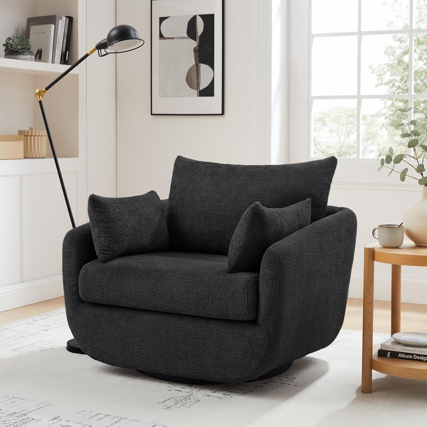 360° Swivel Accent Armchair, 39.3" Oversized, Sherpa Boucle Fabric Sofa Chair with Removable Back & Arm Pillows, Swivel Chair with Cozy Soft Padded, No Assembly Required (1, Dark Gray)