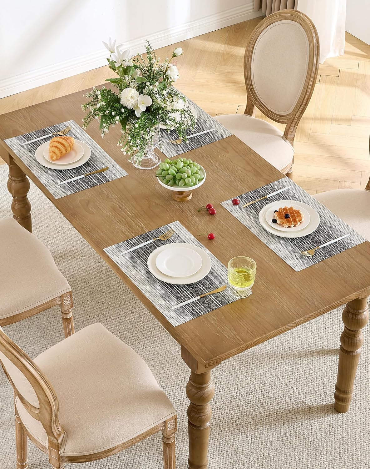 Leetaltree Black with White Woven Placemats Set of 8 - Heat Resistant Non-Slip Place mats for Dining Table, Washable Durable PVC Vinyl Woven Table Mats(Black with White, 8)