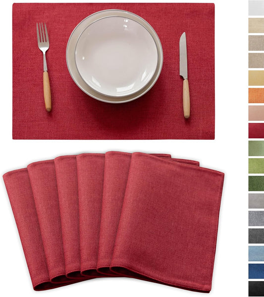 Demetex Christmas Placemats Set of 6 Red Linen Wipeable Place Mats Heat Resistant Cloth Placemats for Dining Table Restaurants Holiday, 13 x 19 inches, Wine Red
