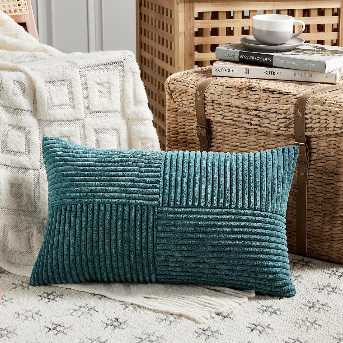 Fancy Homi 2 Packs Teal Long Lumbar Decorative Throw Pillow Covers 16x24 Inch for Couch Bed Sofa, Rustic Farmhouse Boho Home Decor, Soft Striped Corduroy Rectangle Accent Cushion Case 40x60 cm