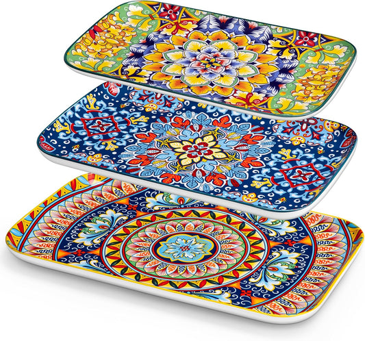 vancasso Serving Platters Set of 3, 16"/14"/12" Inch Rectangular Trays - Serving Platter Extra Large, Bohemian Ceramic Serving Dish for Entertaining Food, Microwave & Dishwasher Safe, Vintage